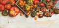 Flat -lay of fresh colorful tomatoes, top view Royalty Free Stock Photo