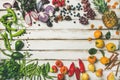 Flat-lay of fresh fruit, vegetables, greens and superfoods Royalty Free Stock Photo