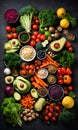 Flat lay of fresh fruits and vegetables for background, Different fruits and vegetables for eating healthy, Colorful fruits and Royalty Free Stock Photo