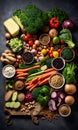 Flat lay of fresh fruits and vegetables for background, Different fruits and vegetables for eating healthy, Colorful fruits and Royalty Free Stock Photo