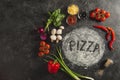 flat lay with fresh ingredients and pizza lettering made of flour