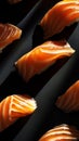 Flat lay of fresh nigiri of salmon and shrimp pattern. Black background. Aesthetic food concept. Generative AI