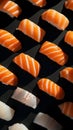 Flat lay of fresh nigiri of salmon and shrimp pattern. Black background. Aesthetic food concept. Generative AI