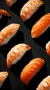 Flat lay of fresh nigiri of salmon and shrimp pattern. Black background. Aesthetic food concept. Generative AI