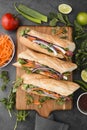 flat lay fresh sandwiches chopping board. High quality photo Royalty Free Stock Photo