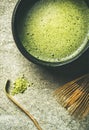 Flat-lay of freshly brewed Japanese matcha tea in Chasen bowl
