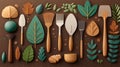 Flat Lay Garden Tools with Autumn Leaves on Brown Royalty Free Stock Photo