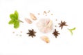 Flat lay of garlic clove and spice isolated white background Royalty Free Stock Photo