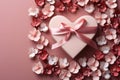 Flat lay gift box with a heart shaped bow and confetti on a soft pink background. Valentine\'s Day card Royalty Free Stock Photo