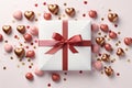 Flat lay gift box tied with a red satin ribbon with a bow on a white background and confetti of hearts. Valentine\'s Day Card Royalty Free Stock Photo