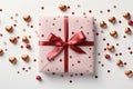 Flat lay gift box tied with a red satin ribbon with a bow on a white background and confetti of hearts. Valentine\'s Day Card Royalty Free Stock Photo