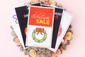 Flat lay with gift certificates and wreath