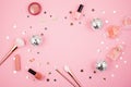 Flat lay with glamour girls accessories over pink background Royalty Free Stock Photo