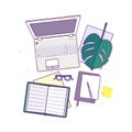 Flat lay with glasses, laptop, open book, notepad and monstera Royalty Free Stock Photo