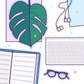 Flat lay with glasses, open book, glasses, headphones, keyboard and monstera leaf Royalty Free Stock Photo