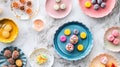 A flat lay of gourmet snacks and vibrant serving platters on a marble surface. digital Royalty Free Stock Photo