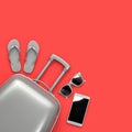 Flat lay gray suitcase, sunglasses, smartphone and flip flops isolated on red background