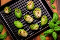 flat-lay of grilled brussels sprouts on a grill pan