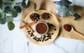 Flat lay ground coffee in the MOKA pot on the marble table Royalty Free Stock Photo