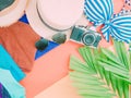 Flat lay group of girl summer cloth accessorie with palm leaf , Royalty Free Stock Photo