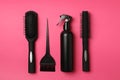 Flat lay with hairdresser accessories on background, top view Royalty Free Stock Photo