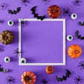 Flat lay Halloween background made with bats silhouettes, spiders and pumpkins