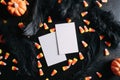 Flat lay of Halloween party invitations surrounded by mini pumpkins, candy corn, and black feathers Royalty Free Stock Photo