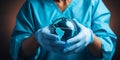 Flat lay of hand with surgical glove holding stethoscope over earth Royalty Free Stock Photo