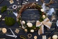 Flat lay with handcraft tools on grunge wooden background