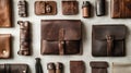 A flat lay of handmade leather goods styled on a light linen background. background Royalty Free Stock Photo