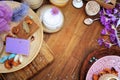 Flat lay handmade organic cosmetics: cream, artisan soap, bath salt