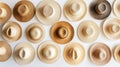 A flat lay of handwoven straw hats arranged in a gradient on a white surface. background Royalty Free Stock Photo