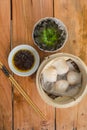 Flat lay of Har gow or Chinese shrimp Dumplings. Traditional Cantonese dumpling found in Guangdong province served as dim sum Royalty Free Stock Photo