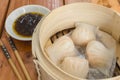Flat lay of Har gow or Chinese shrimp Dumplings. Traditional Cantonese dumpling found in Guangdong province served as dim sum Royalty Free Stock Photo