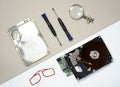 Flat lay - hard disk repair accessories Royalty Free Stock Photo