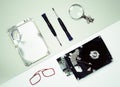 Flat lay - hard disk repair accessories Royalty Free Stock Photo