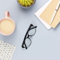 Flat lay home office desk. Female workspace with note book, eyeglasses, tea mug, diary, plant. Copy space