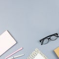 Flat lay home office desk. Female workspace with note book, eyeglasses, tea mug, diary, plant. Copy space Royalty Free Stock Photo