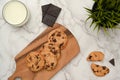 Flat lay, Homemade chocolate chip cookies on a wooden tray Royalty Free Stock Photo