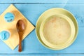 Flat lay homemade domestic soup with vegetables and meat in the bowl