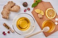 Flat lay honey, lemon, ginger tea. Royalty Free Stock Photo