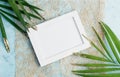 Flat lay horizontal photo frame tropical mock up on craft paper with green and gold palm leaves on blue background. Travel concept Royalty Free Stock Photo