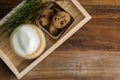 Flat lay hot cappuccino and chocolate chip cookies on old wood Royalty Free Stock Photo