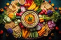 flat lay of hummus and colorful veggie platter