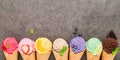 Flat lay ice cream cones collection on dark stone background . Blank crispy ice cream cone with copy space for sweets menu design Royalty Free Stock Photo