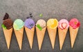 Flat lay ice cream cones collection on dark stone background . Blank crispy ice cream cone with copy space for sweets menu design Royalty Free Stock Photo