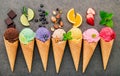 Flat lay ice cream cones collection on dark stone background . Blank crispy ice cream cone with copy space for sweets menu design Royalty Free Stock Photo