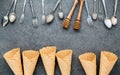 Flat lay ice cream cones collection , spoons ,fork and honey dip Royalty Free Stock Photo