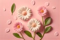 Flat lay Illustration concept white daisy flower, pastel pink background, 3D beautiful flowers are blooming, Valentineâ¬â¢s Royalty Free Stock Photo