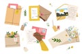 Flat lay illustration of envelopes, letters, postage stamps, stationery and black female hand writing mail. Workspace top view.